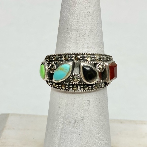 Sterling 925 Boho Marcasite Turquoise Blue Onyx Jasper Agate Ring Size 6 - Picture 11 of 14